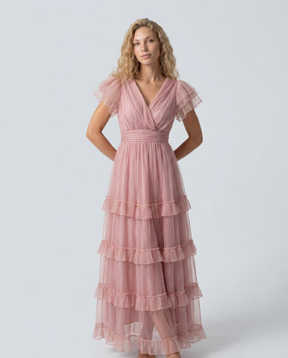 Tulle Flutter Sleeve Tiered Maxi Dress