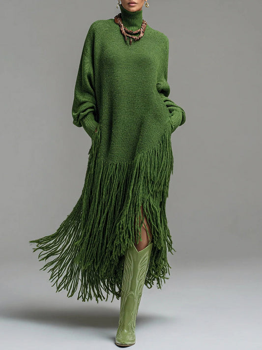Turtleneck Fringe Knit Maxi Dress