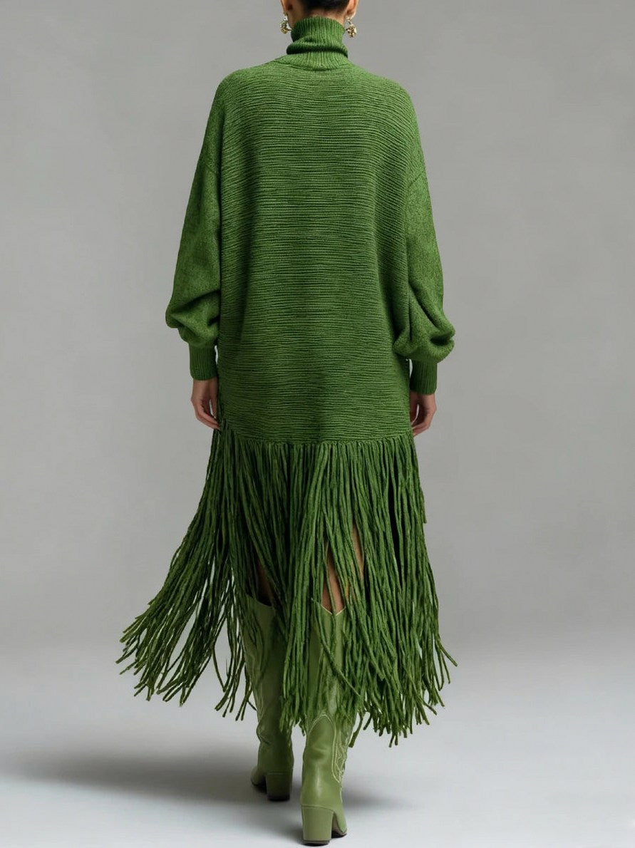 Turtleneck Fringe Knit Maxi Dress