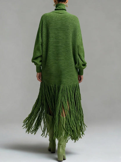 Turtleneck Fringe Knit Maxi Dress