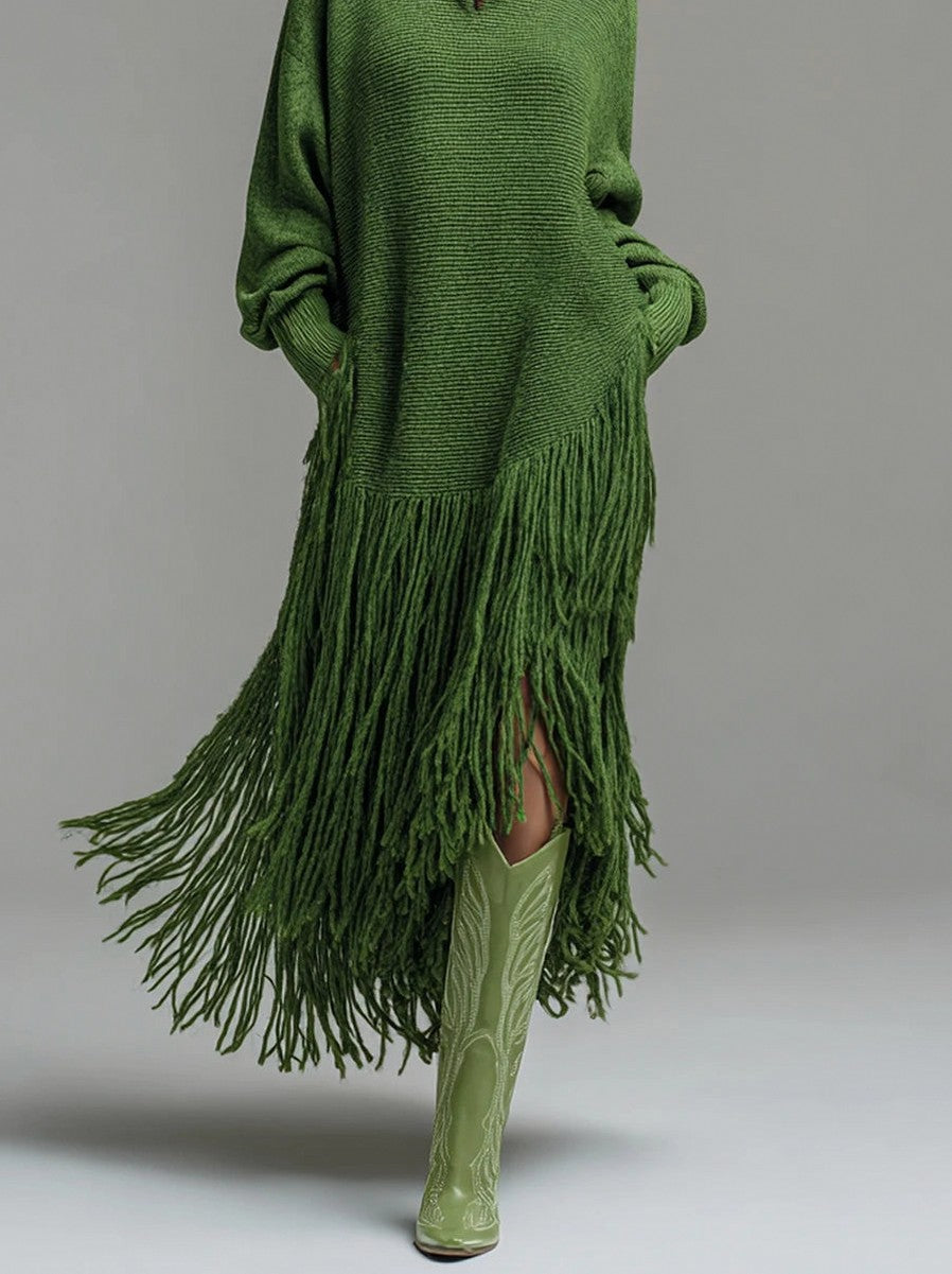 Turtleneck Fringe Knit Maxi Dress
