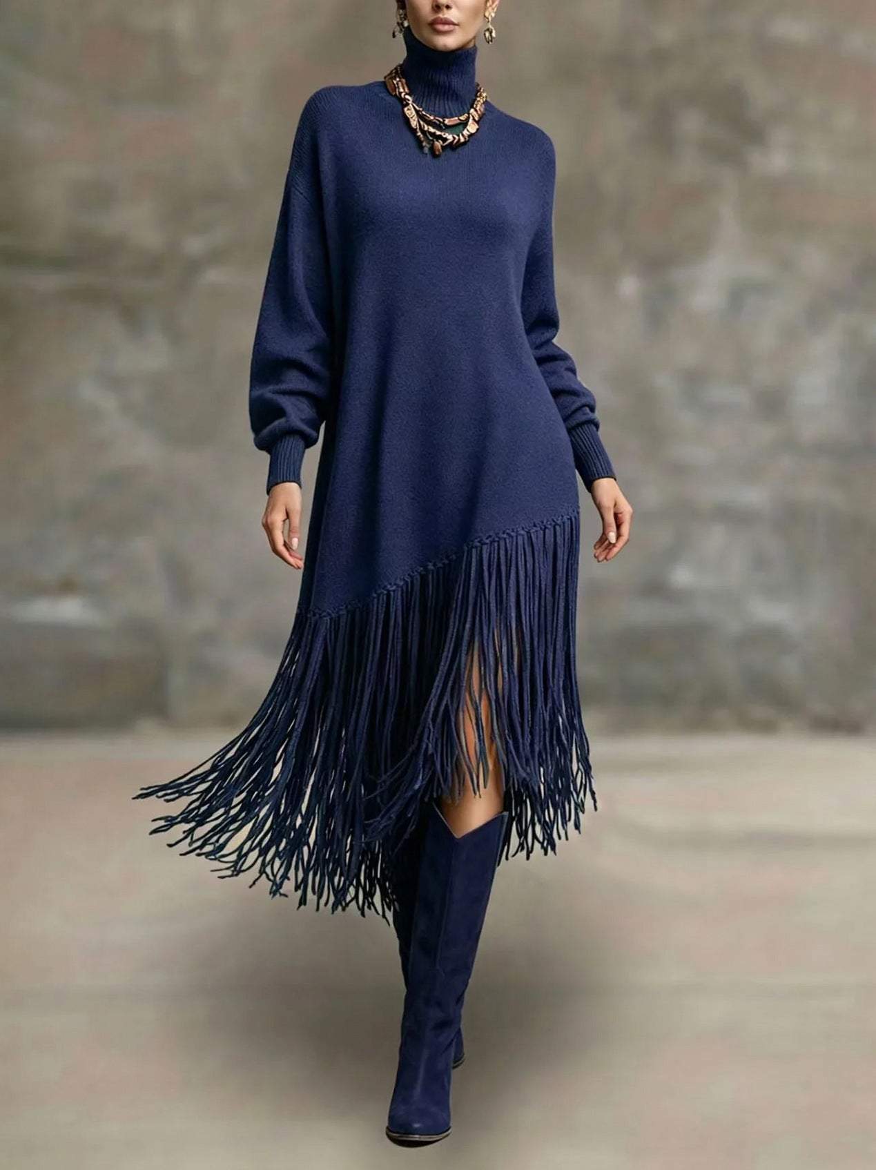 Turtleneck Fringe Knit Maxi Dress