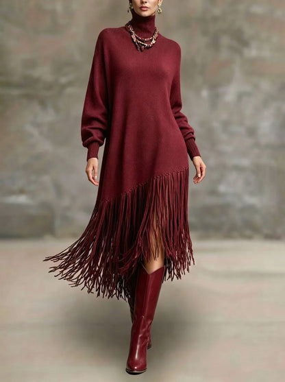 Turtleneck Fringe Knit Maxi Dress