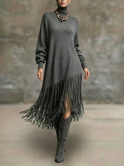 Turtleneck Fringe Knit Maxi Dress