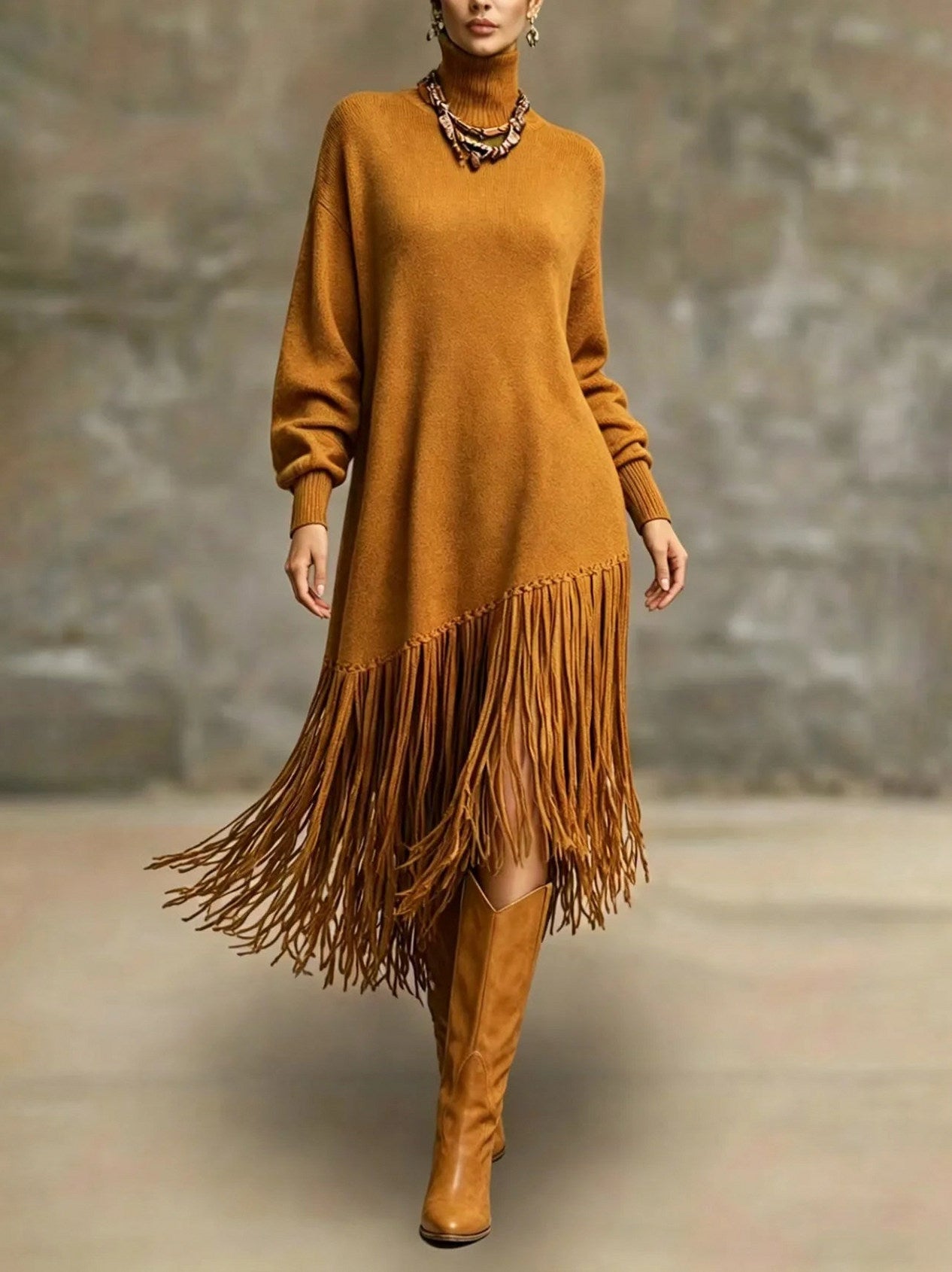Turtleneck Fringe Knit Maxi Dress