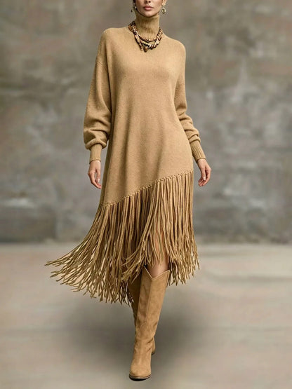 Turtleneck Fringe Knit Maxi Dress