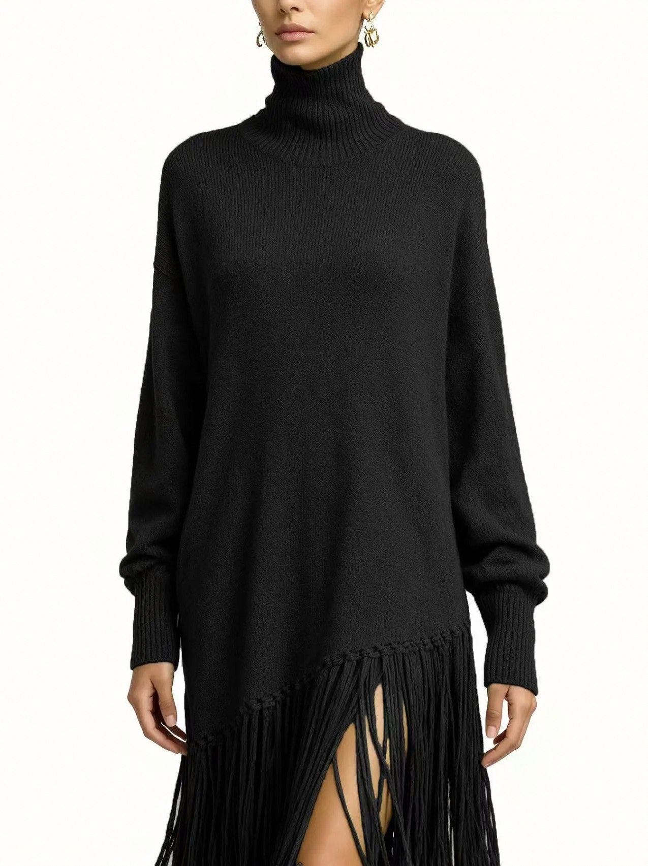 Turtleneck Fringe Knit Maxi Dress