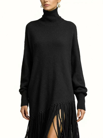 Turtleneck Fringe Knit Maxi Dress