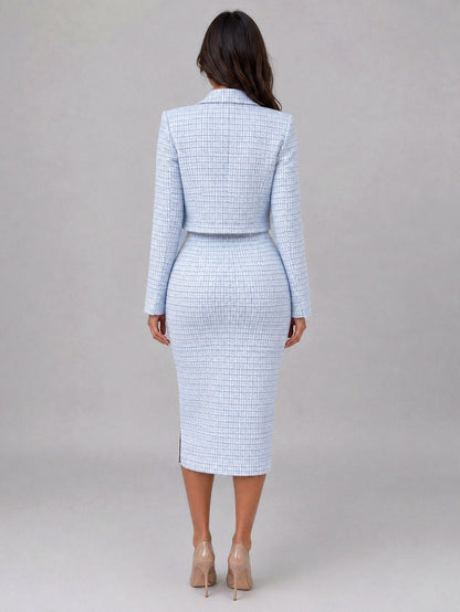 Tweed Button Front Cropped Jacket and Midi Skirt Set