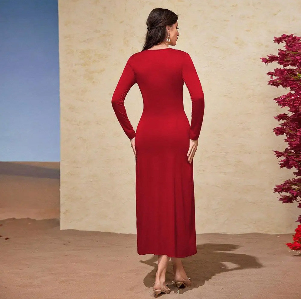Twist Front Long Sleeve Midi Dress
