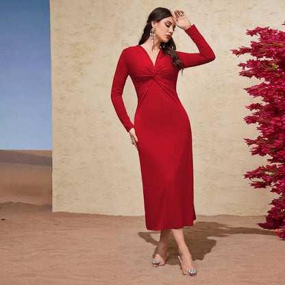 Twist Front Long Sleeve Midi Dress