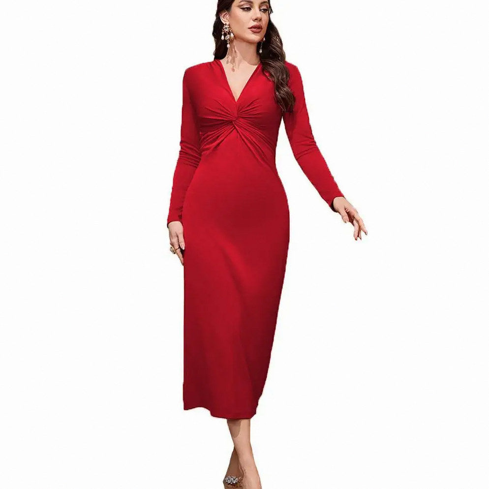 Twist Front Long Sleeve Midi Dress