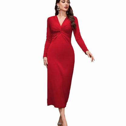 Twist Front Long Sleeve Midi Dress