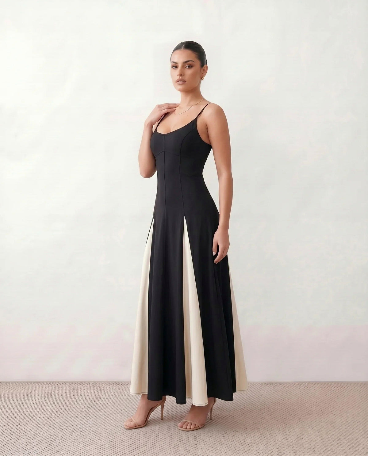 Two Tone Pleated Godet Maxi Dress