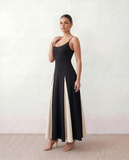 Two Tone Pleated Godet Maxi Dress