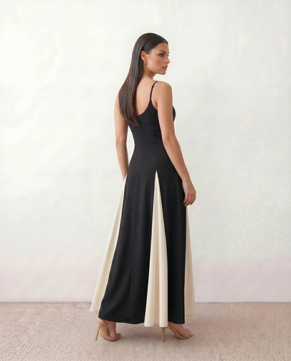 Two Tone Pleated Godet Maxi Dress