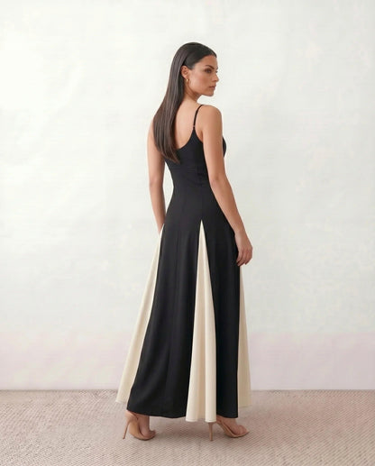 Two Tone Pleated Godet Maxi Dress