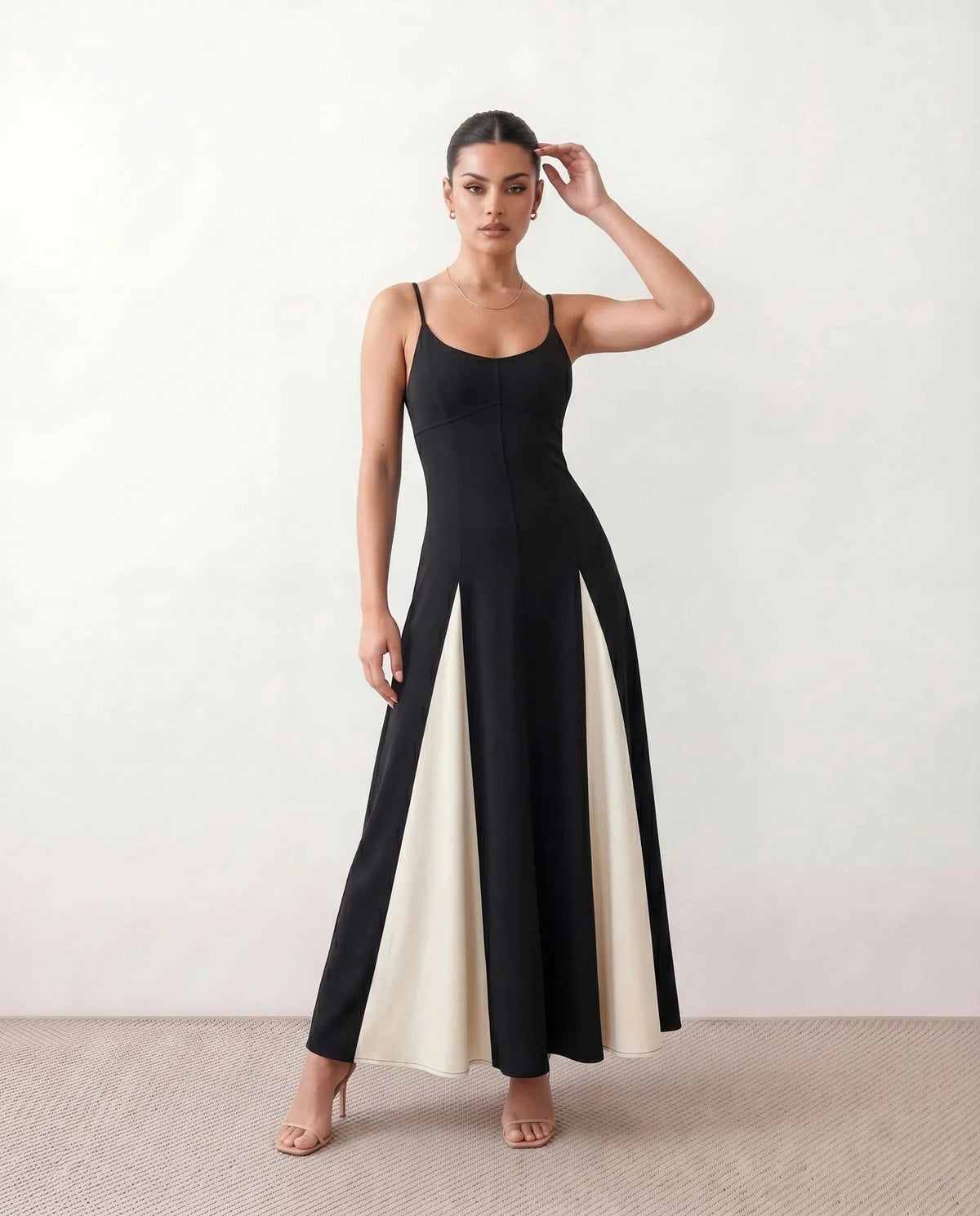 Two Tone Pleated Godet Maxi Dress