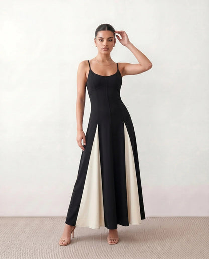 Two Tone Pleated Godet Maxi Dress
