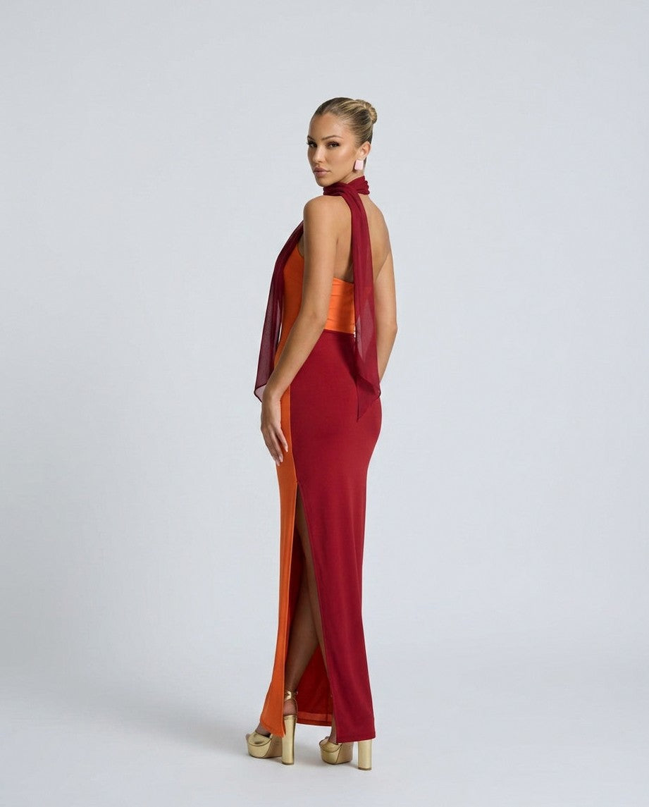 Two Tone Twist Front Maxi Dress