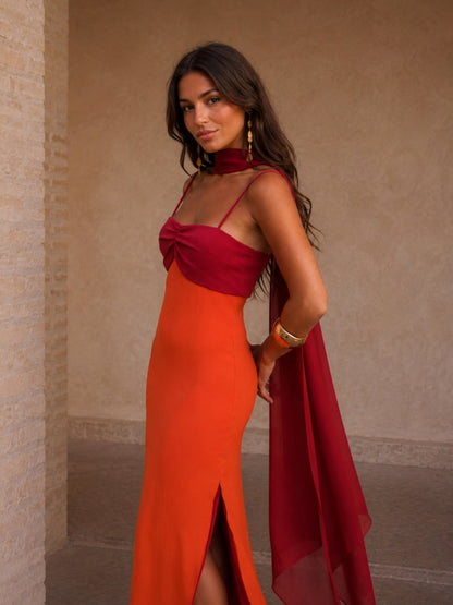 Two Tone Twist Front Maxi Dress