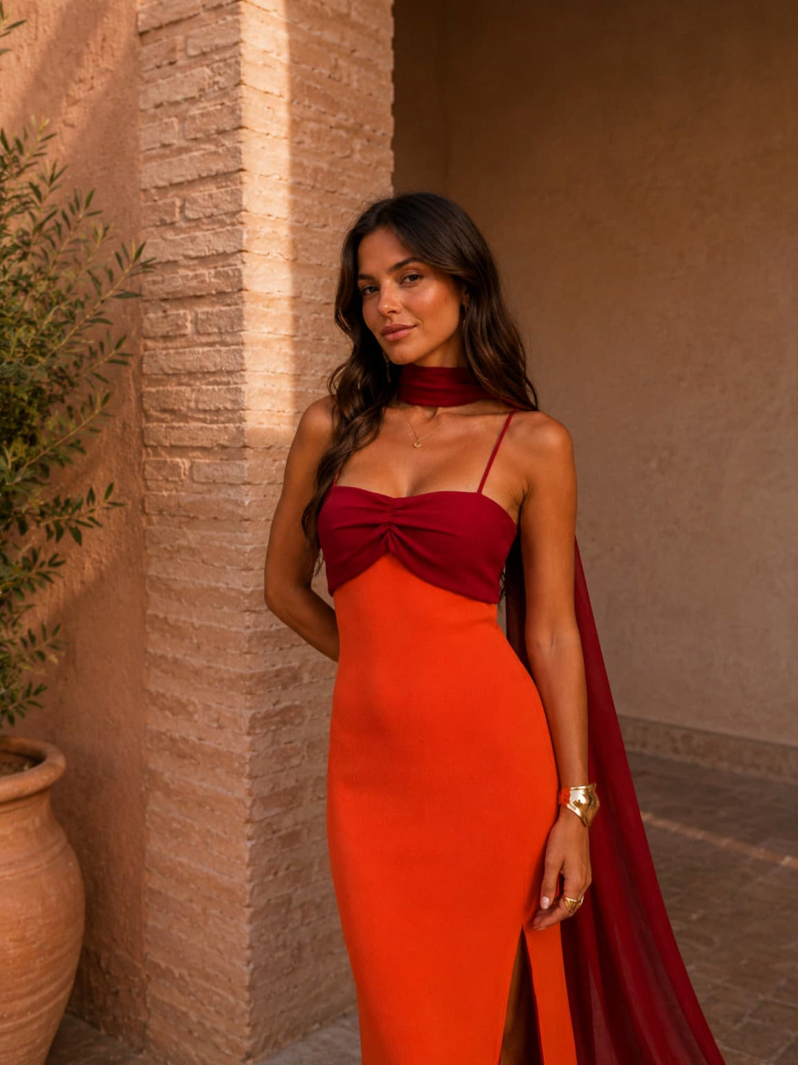 Two Tone Twist Front Maxi Dress