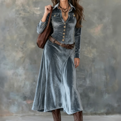 Velvet Button Front Maxi Dress