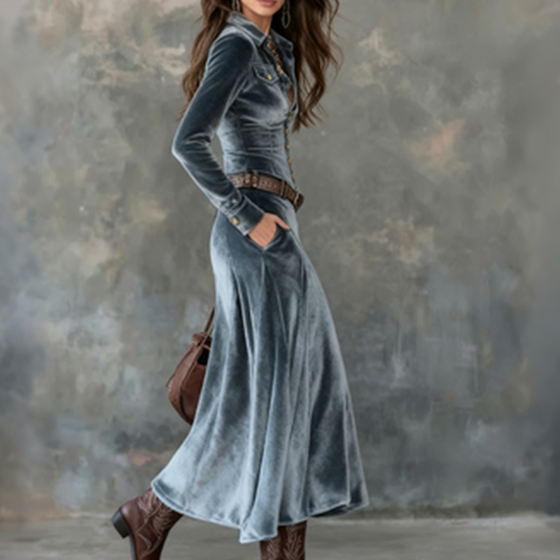 Velvet Button Front Maxi Dress