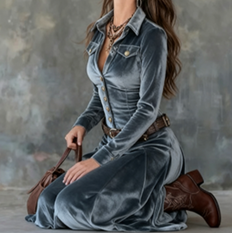 Velvet Button Front Maxi Dress