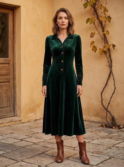 Velvet Long Sleeve Collared Button Front A-Line Midi Dress