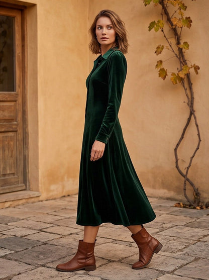 Velvet Long Sleeve Collared Button Front A-Line Midi Dress
