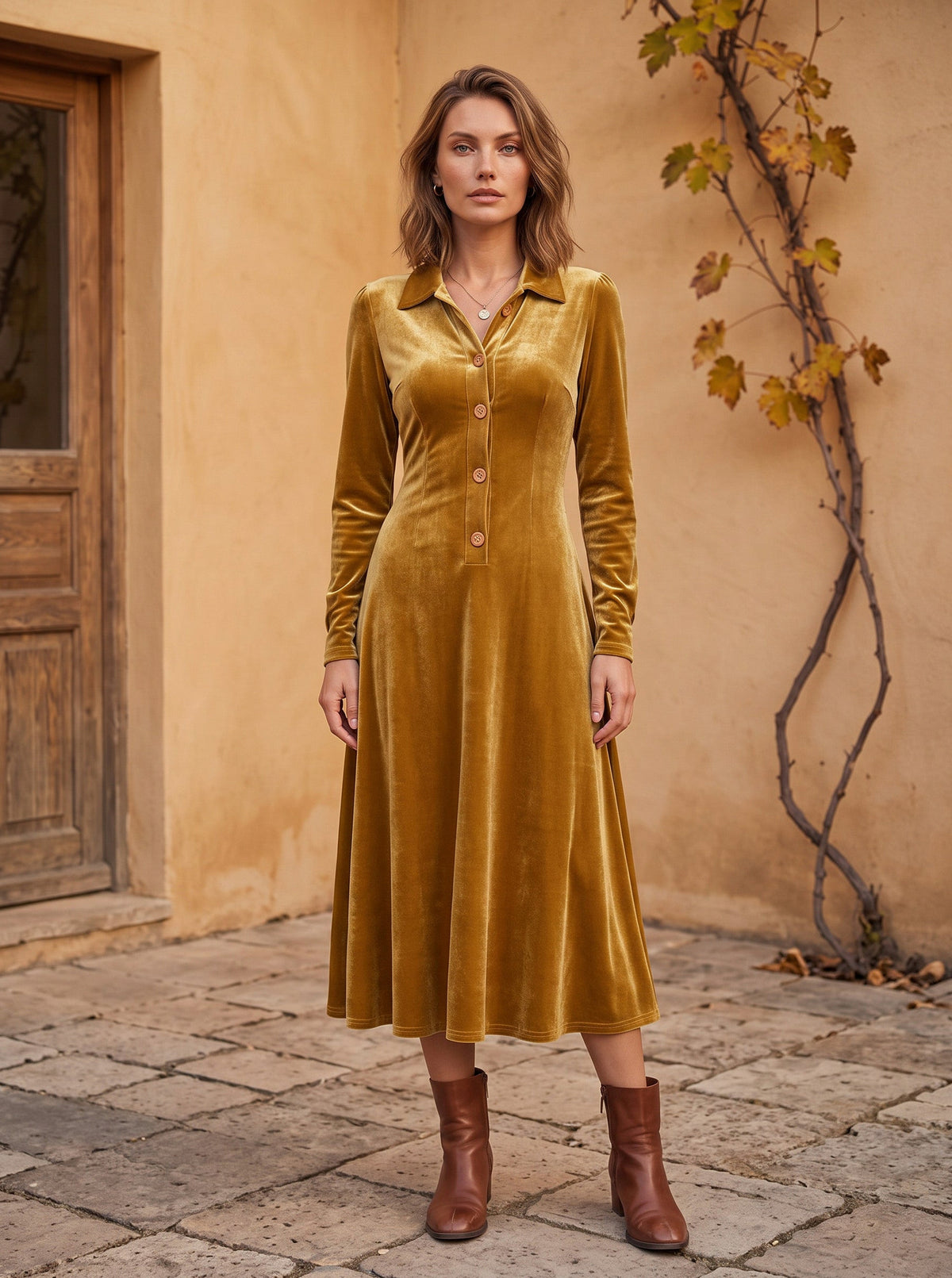 Velvet Long Sleeve Collared Button Front A-Line Midi Dress