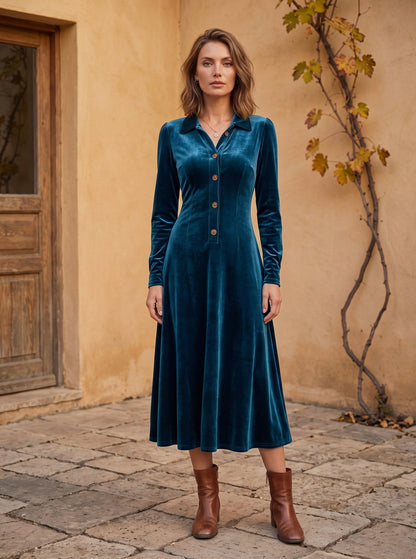 Velvet Long Sleeve Collared Button Front A-Line Midi Dress
