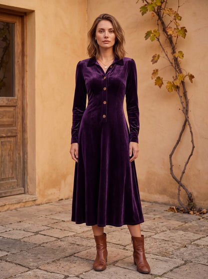 Velvet Long Sleeve Collared Button Front A-Line Midi Dress