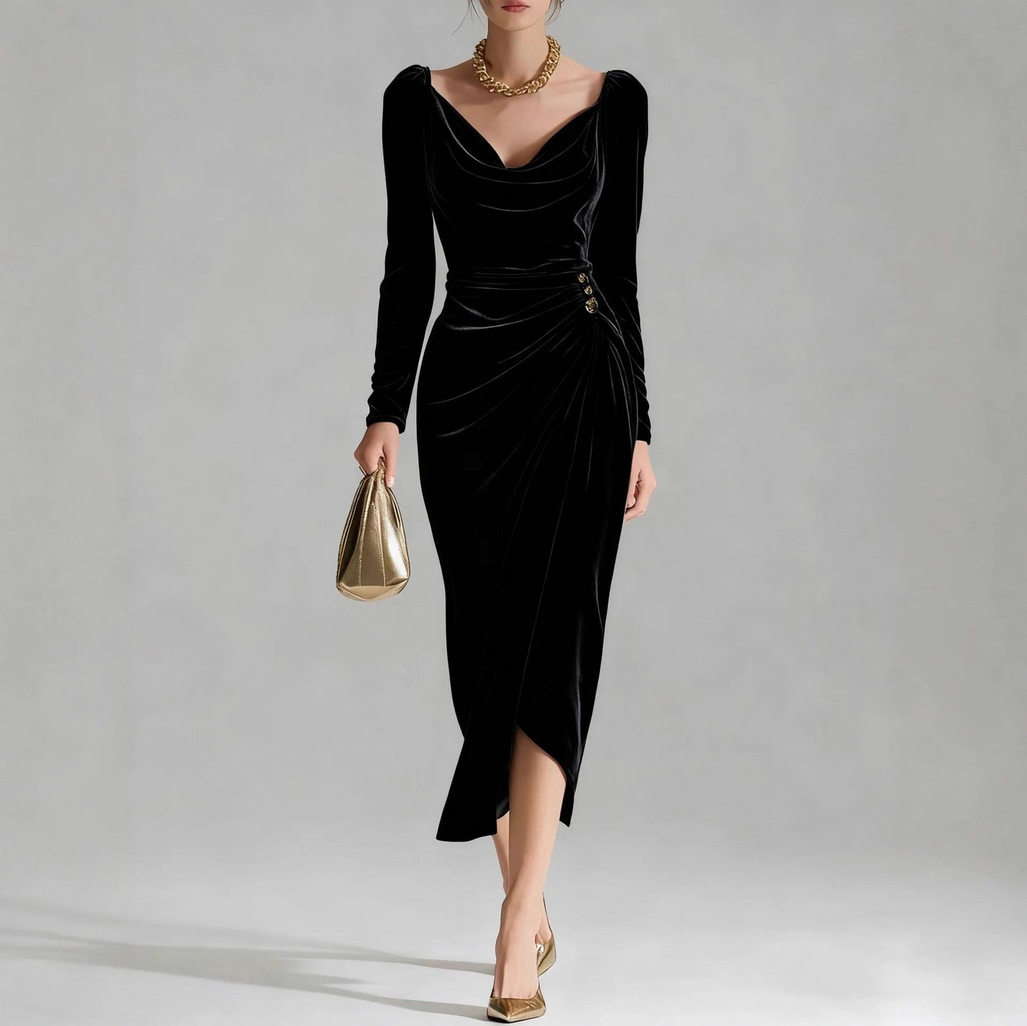 Velvet Cowl Long Sleeve Midi