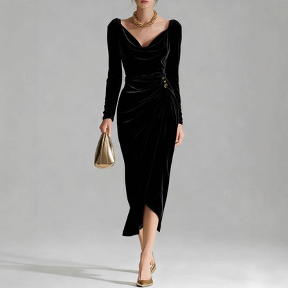 Velvet Cowl Long Sleeve Midi