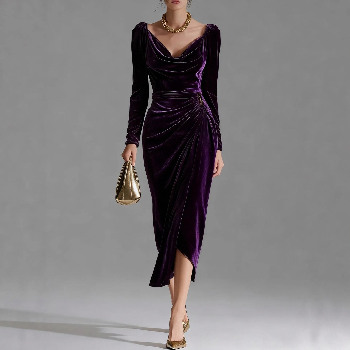 Velvet Cowl Long Sleeve Midi