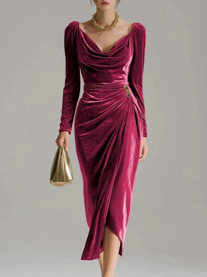 Velvet Cowl Long Sleeve Midi