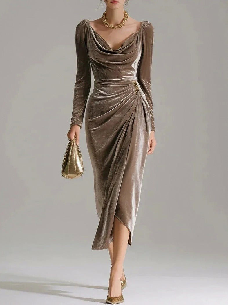 Velvet Cowl Long Sleeve Midi