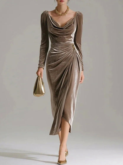 Velvet Cowl Long Sleeve Midi