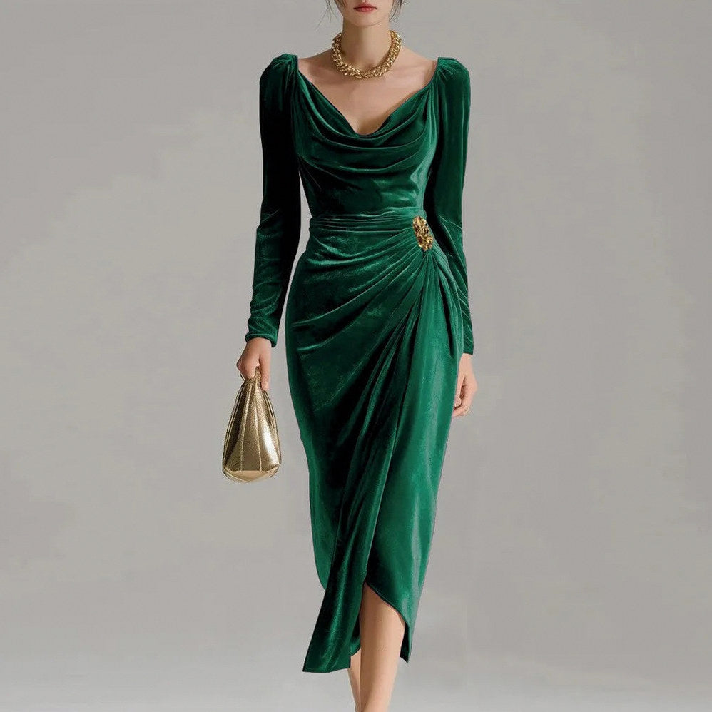 Velvet Cowl Long Sleeve Midi