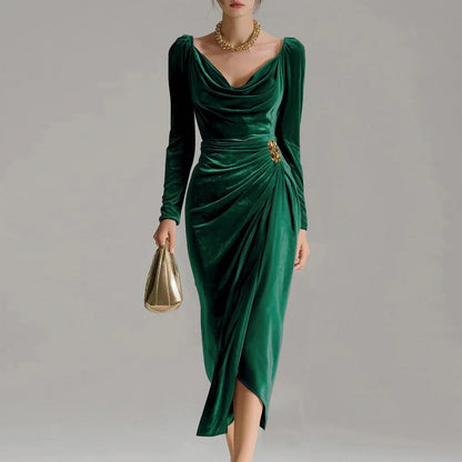 Velvet Cowl Long Sleeve Midi