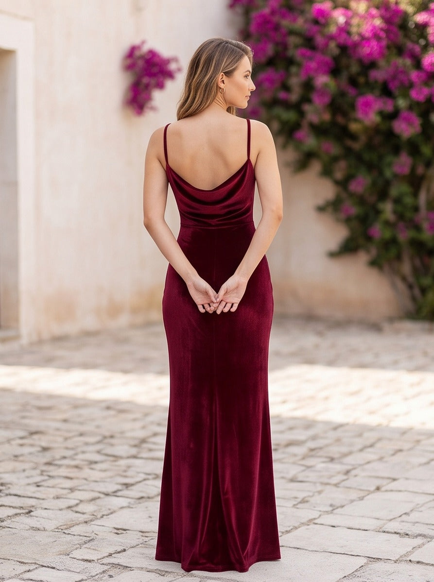 Velvet Cowl Neck Backless Maxi Dress