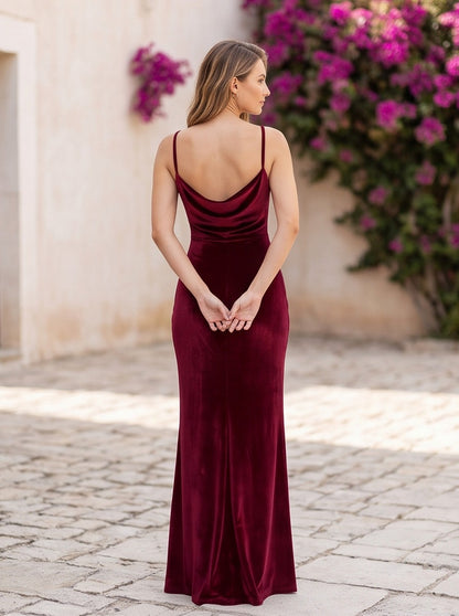 Velvet Cowl Neck Backless Maxi Dress