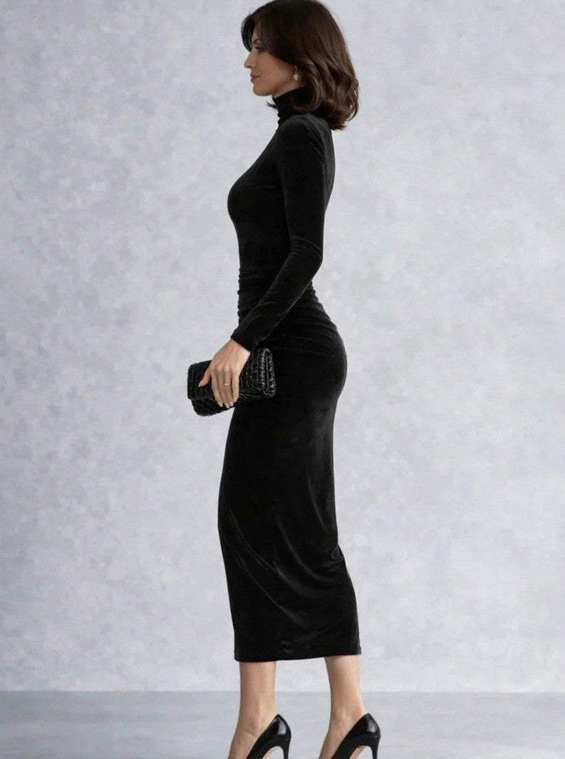 Velvet Fitted Long Sleeve Turtleneck Ruched Midi Dress