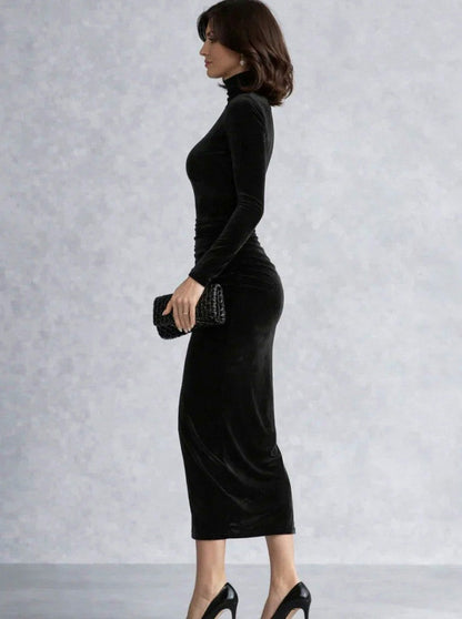 Velvet Fitted Long Sleeve Turtleneck Ruched Midi Dress