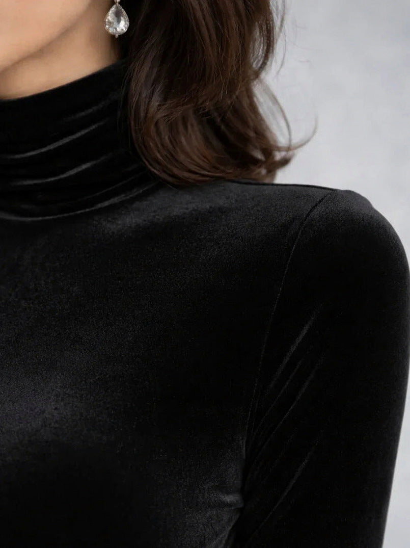 Velvet Fitted Long Sleeve Turtleneck Ruched Midi Dress