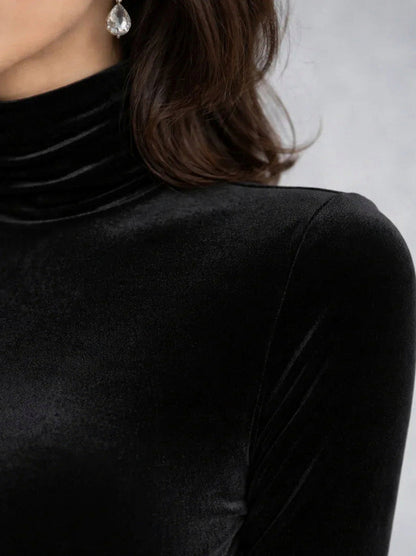 Velvet Fitted Long Sleeve Turtleneck Ruched Midi Dress