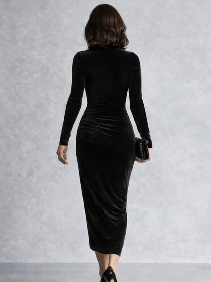 Velvet Fitted Long Sleeve Turtleneck Ruched Midi Dress