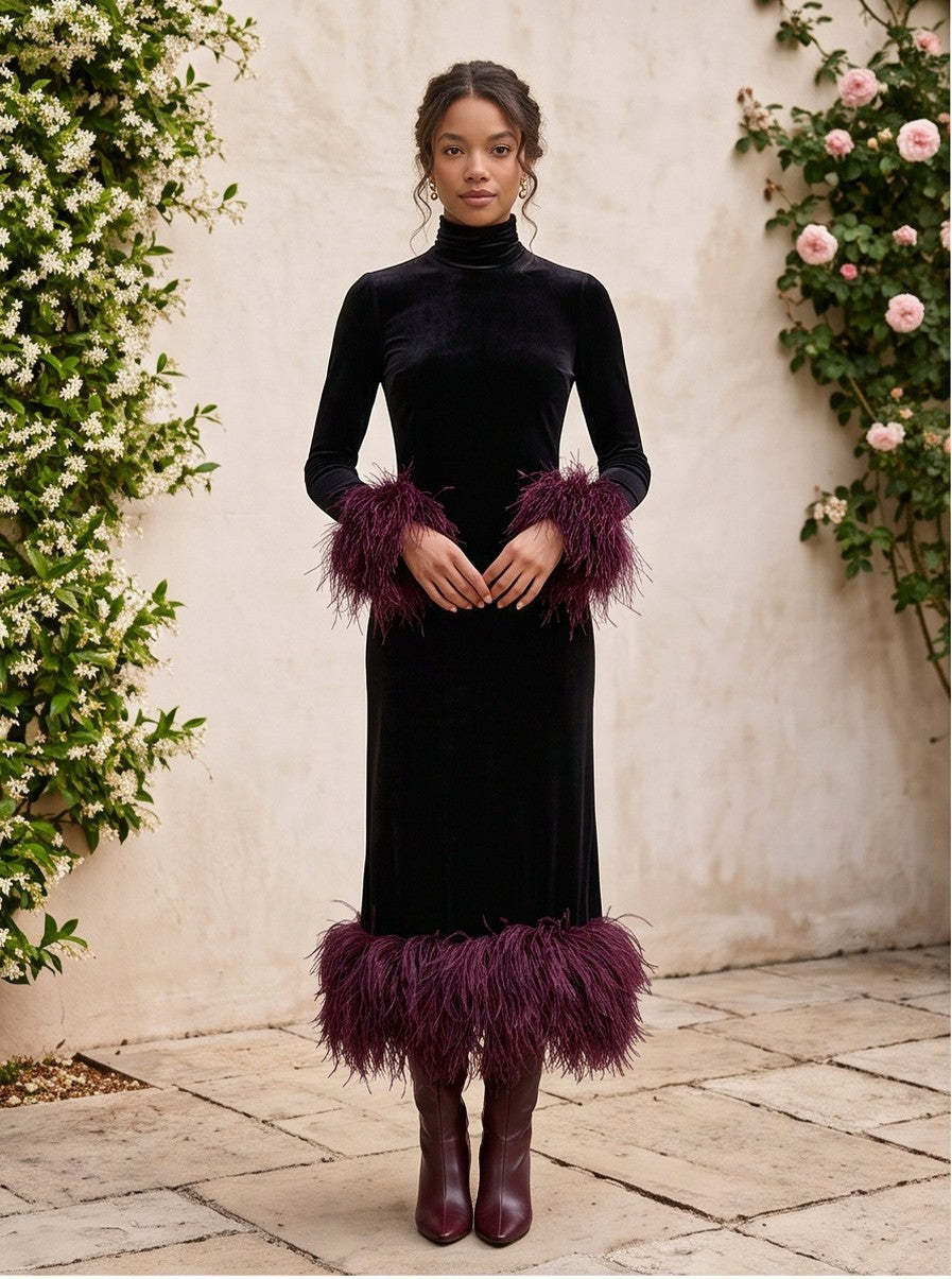 Velvet Feather Trim Midi Dress